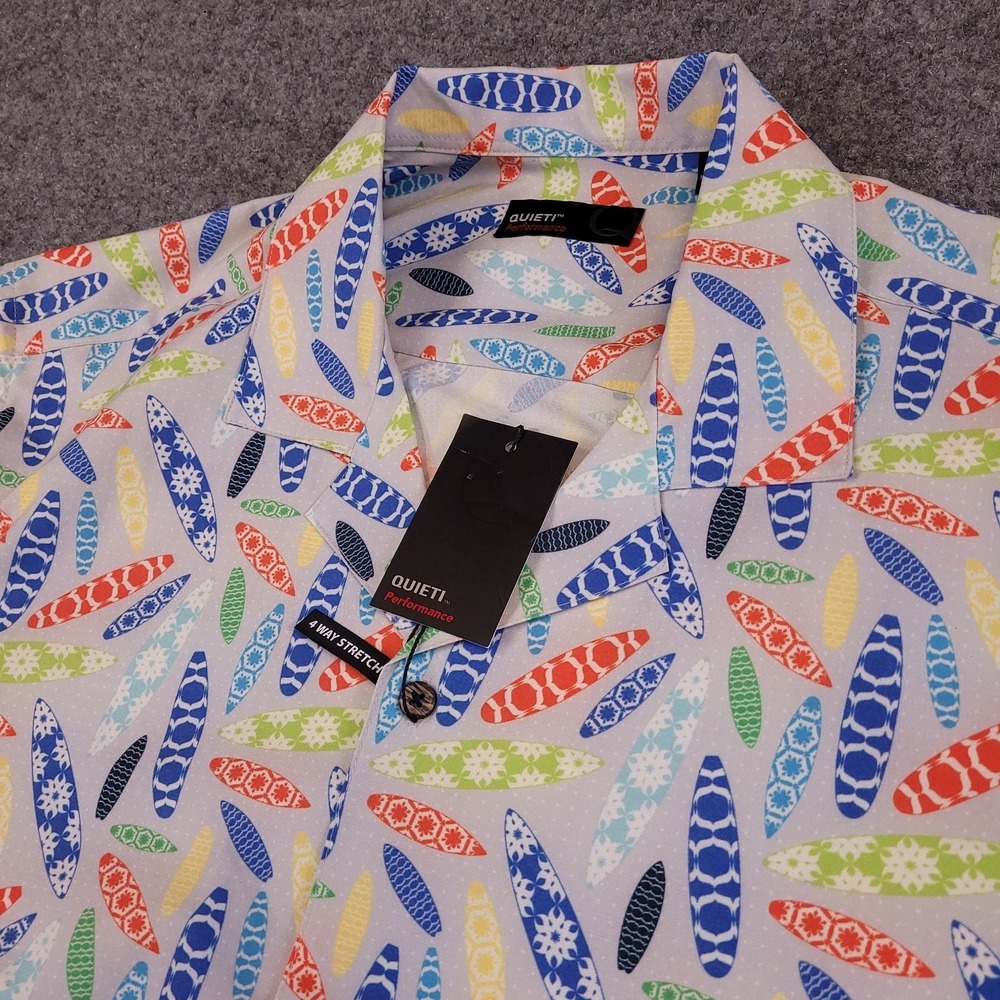 QUIETI Performance Hawaiian Casual Button Down Men L Surfboard Stretch Aloha NEW